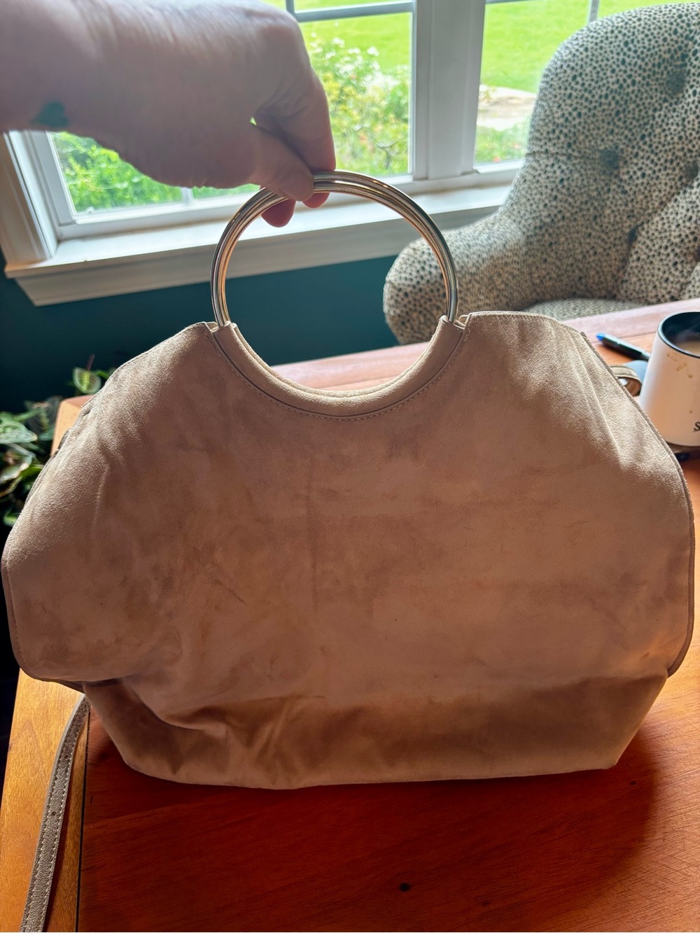 Banana Republic Vegan Suede Ring-Handle Tote in Tan/Beige with Gold Hardware